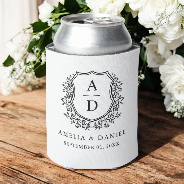 Black White Crest Modern Monogram Wedding  Can Cooler (Creator Uploaded)