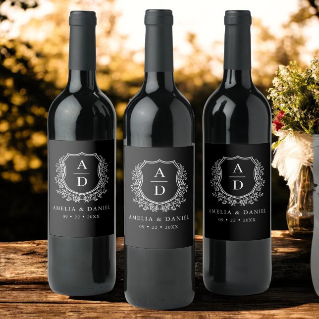 Black White Crest Modern Monogram Wedding  Wine Label (Creator Uploaded)