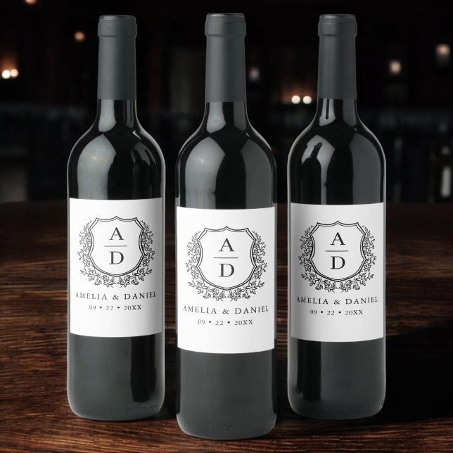 Black White Crest Modern Monogram Wedding  Wine Label (Creator Uploaded)