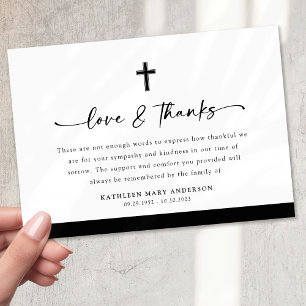 Black White Cross Script Funeral Thank You Card