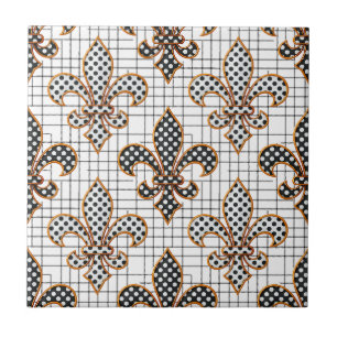 Black White Crosshatch Polka Dots Fleur-de-lis  Ceramic Tile