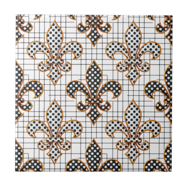 Black White Crosshatch Polka Dots Fleur-de-lis  Ceramic Tile (Front)