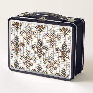 Black White Crosshatch Polka Dots Fleur-de-lis Metal Lunch Box