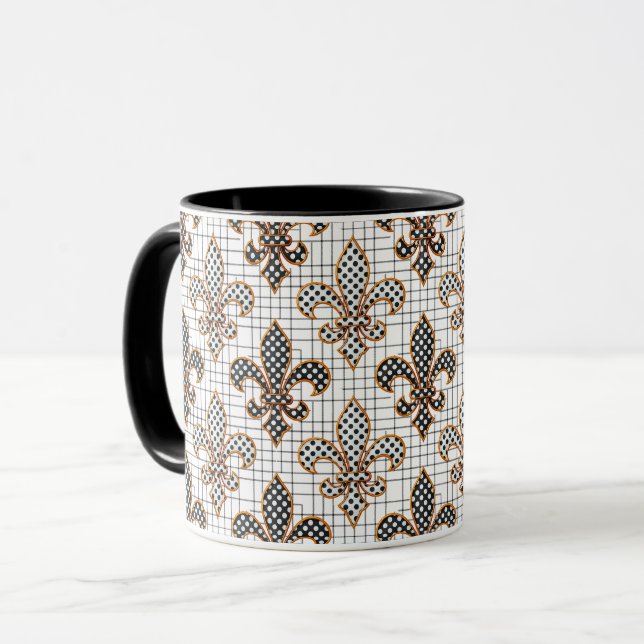 Black White Crosshatch Polka Dots Fleur-de-lis  Mug (Front Left)