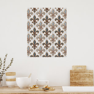 Black White Crosshatch Polka Dots Fleur-de-lis Poster