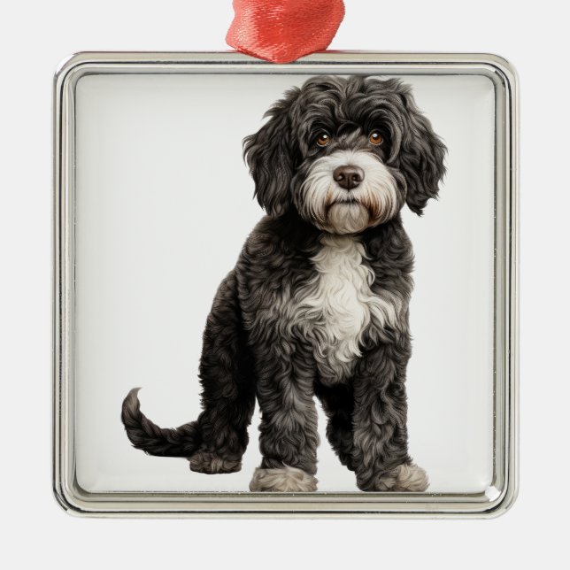 BLACK & WHITE CURLY PORTUGESE WATER DOG METAL ORNAMENT (Front)