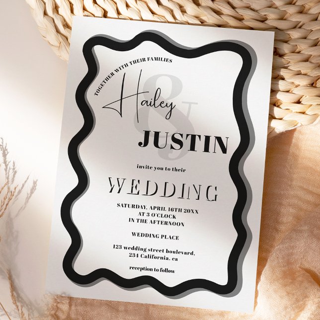 black white curve squiggle wavy wedding photo invitation (black white curve squiggle wavy wedding photo invitation)