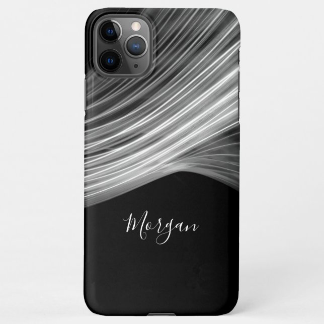 Black & White Curved Light Rays, White Script Name iPhone Case (Back)
