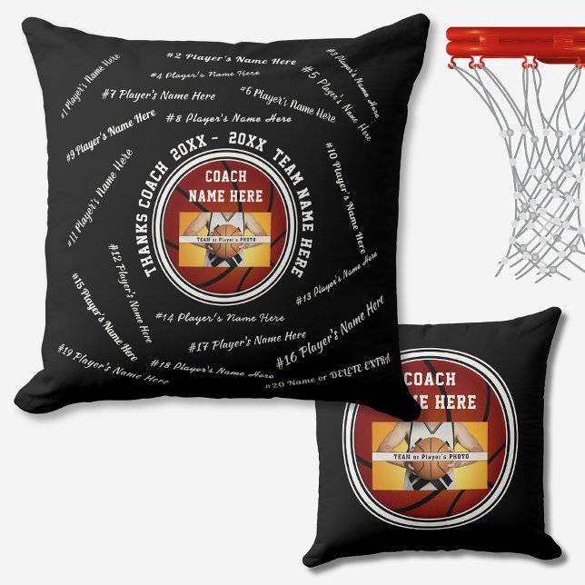 Black White Custom Gifts for Basketball Coaches Cushion (Thank you gifts for basketball coaches. Black and White, Basketball Pillow, all player's names.)