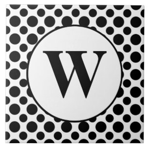 Black White Custom Initial Polka Dot Tile