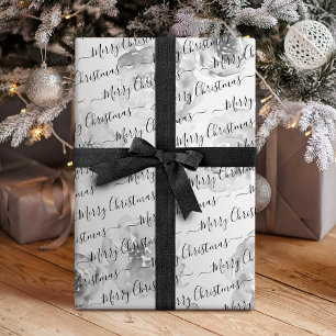 Black White Custom Merry Christmas Script Floral  Wrapping Paper