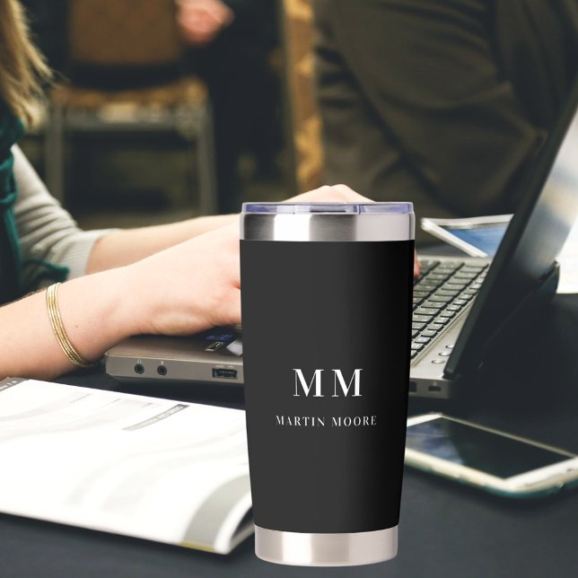 Black white custom monogram initials name insulated tumbler (Creator Uploaded)
