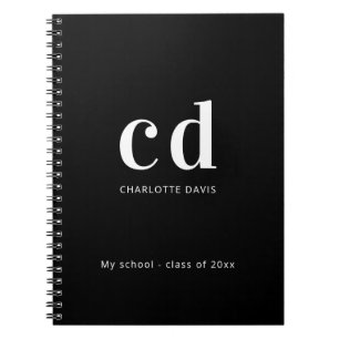 Black white custom monogram name modern minimalist notebook
