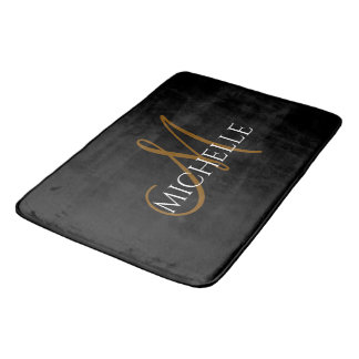 Black White Custom Monogram Script Name Bath Mat