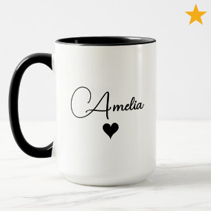 Black White Custom Name Cursive Typography Heart Mug