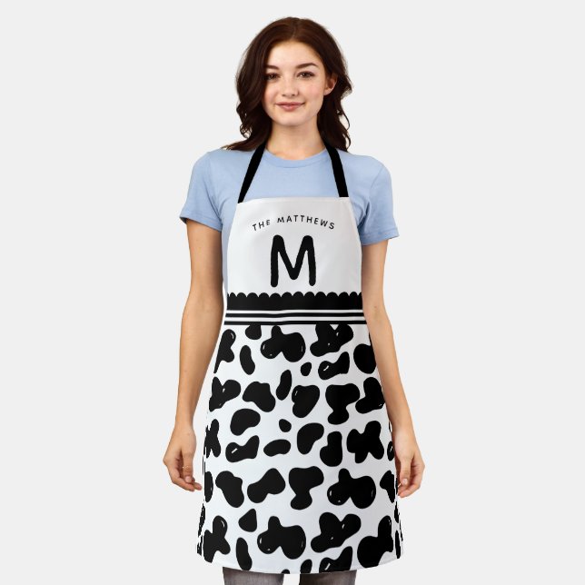 Black & White Custom Name & Monogram Cow Pattern Apron (Worn)
