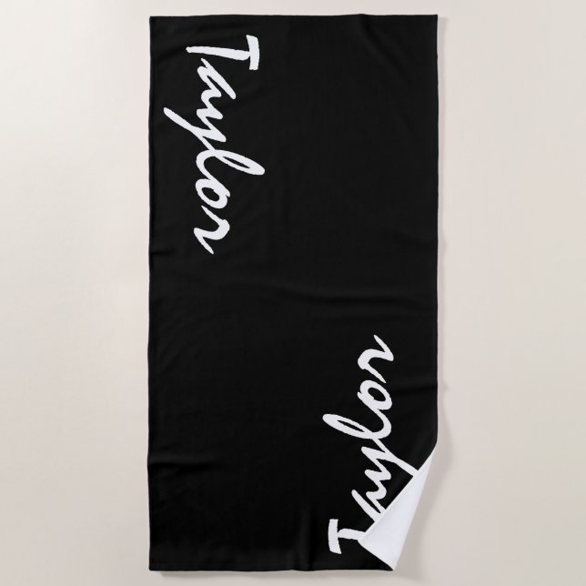 Black White Custom Name Personalised Beach Towel (Front)