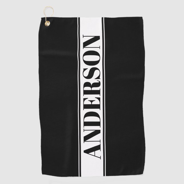 Black & White Custom Name Stripe Golf Towel (Front)