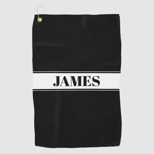 Black & White Custom Name Stripe Golf Towel (Front)