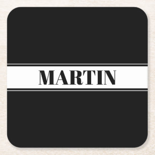 Black & White Custom Name Stripe Square Paper Coaster
