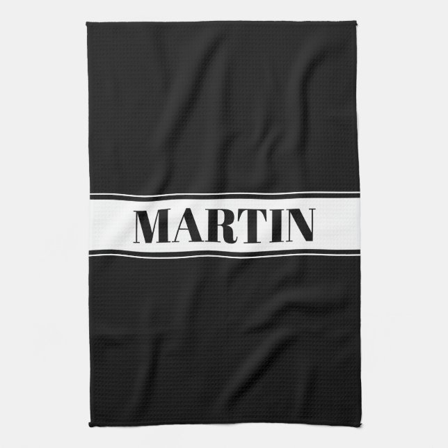 Black & White Custom Name Stripe Tea Towel (Vertical)