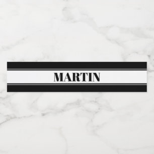 Black & White Custom Name Stripe Water Bottle Label