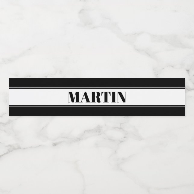 Black & White Custom Name Stripe Water Bottle Label (Single Label)