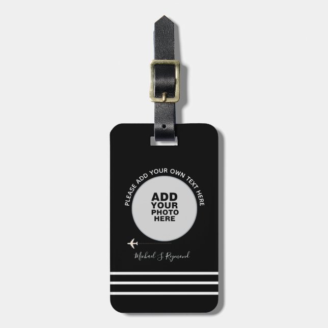 black white custom photo aeroplane travel luggage tag (Front Vertical)