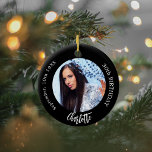 Black white custom photo birthday ceramic ornament<br><div class="desc">A classic black background. Personalise and add a name,  date,  age and photo.</div>