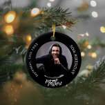 Black white custom photo man guy birthday ceramic ornament<br><div class="desc">A classic black background. Personalise and add a name,  date,  age and photo.</div>