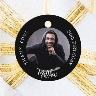 Black white custom photo man guy birthday favour tags