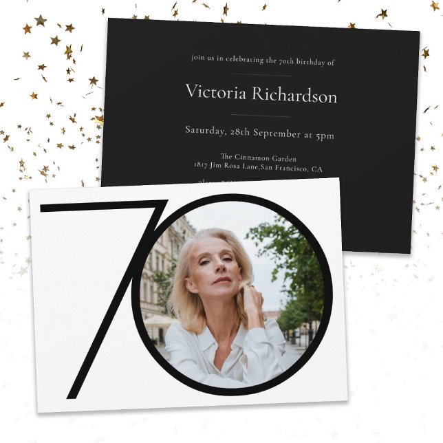 Black White Custom Photo Minimalist 70th Birthday Invitation (Creator Uploaded)