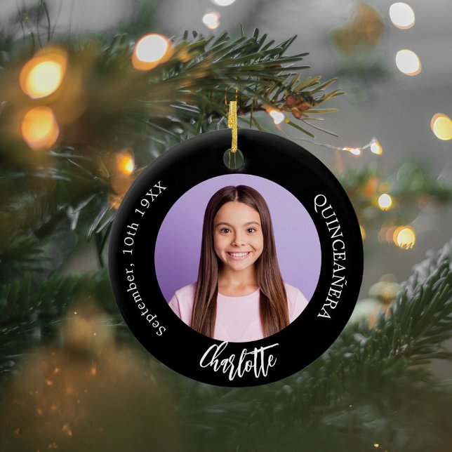 Black white custom photo Quinceanera Ceramic Ornament (Creator Uploaded)