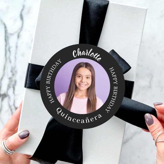 Black white custom photo Quinceanera Classic Round Sticker (Creator Uploaded)