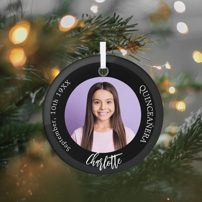 Black white custom photo Quinceanera Glass Tree Decoration (Creator Uploaded)