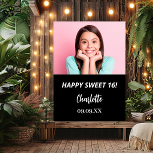 Black white custom photo Sweet 16 party welcome Poster