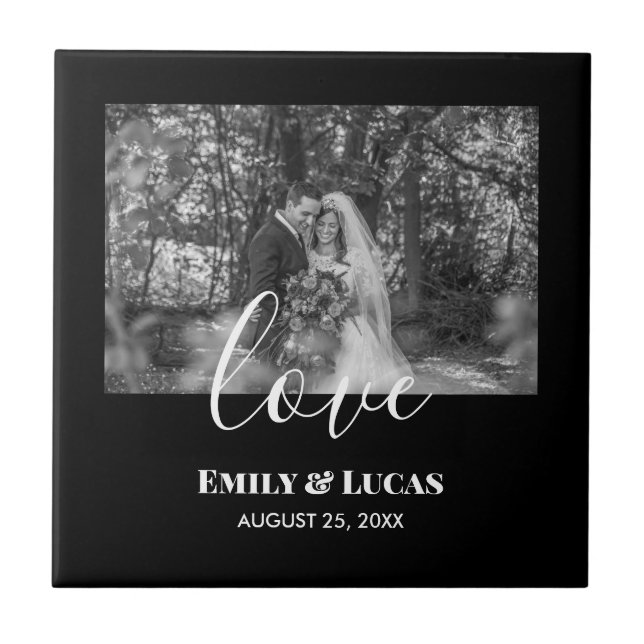 Black White Custom Wedding Photo Simple Elegant Ceramic Tile (Front)