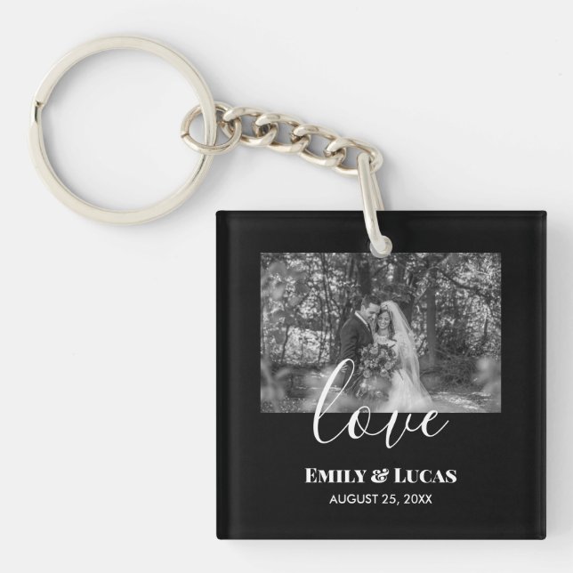 Black White Custom Wedding Photo Simple Elegant Key Ring (Front)