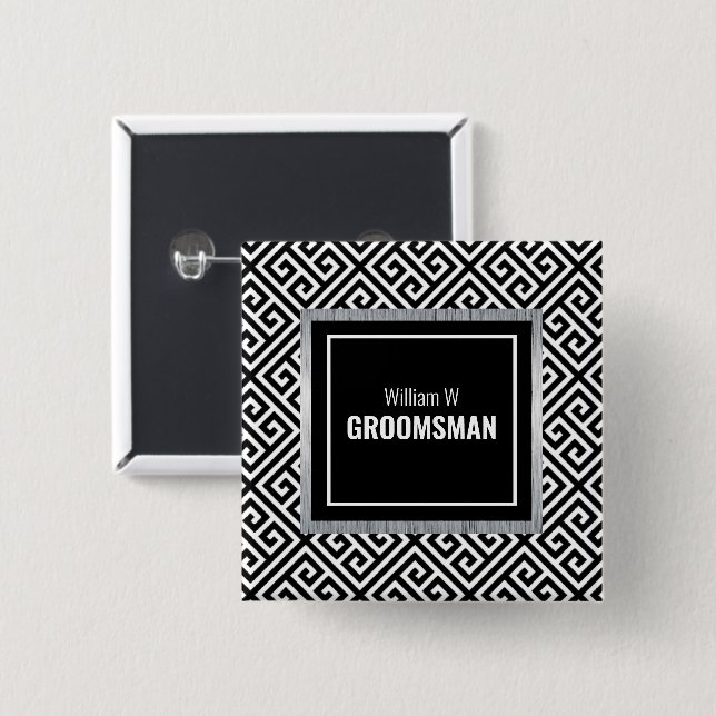 Black & white customisable groomsman name button (Front & Back)