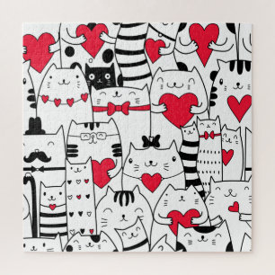 Black White Cute Cat Red Heart Jigsaw Puzzle