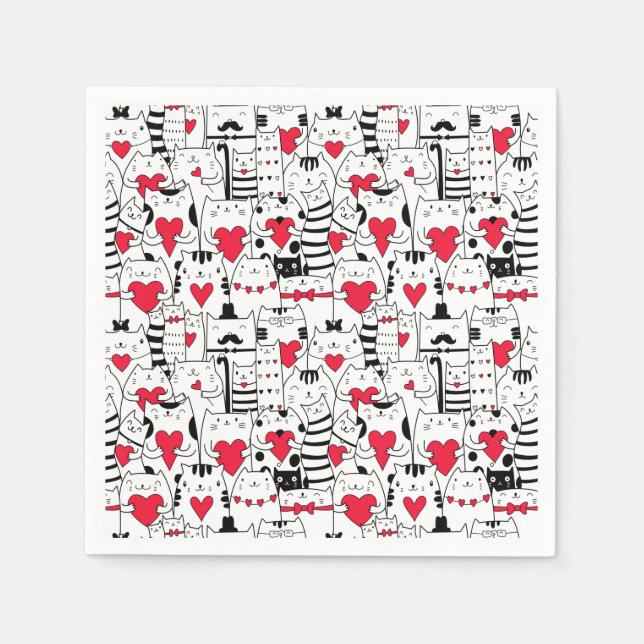 Black White Cute Cat Red Heart Napkin (Front)