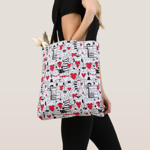 Black White Cute Cat Red Heart Tote Bag
