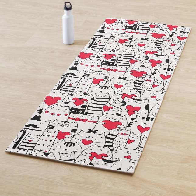 Black White Cute Cat Red Heart Yoga Mat (In Situ)