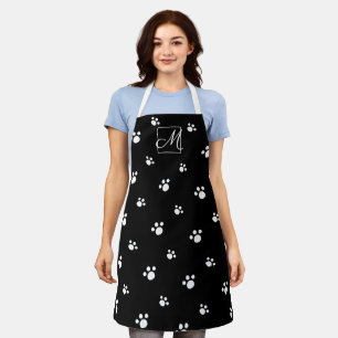 Black & White Cute Dog Paw Print Pattern Monogram Apron