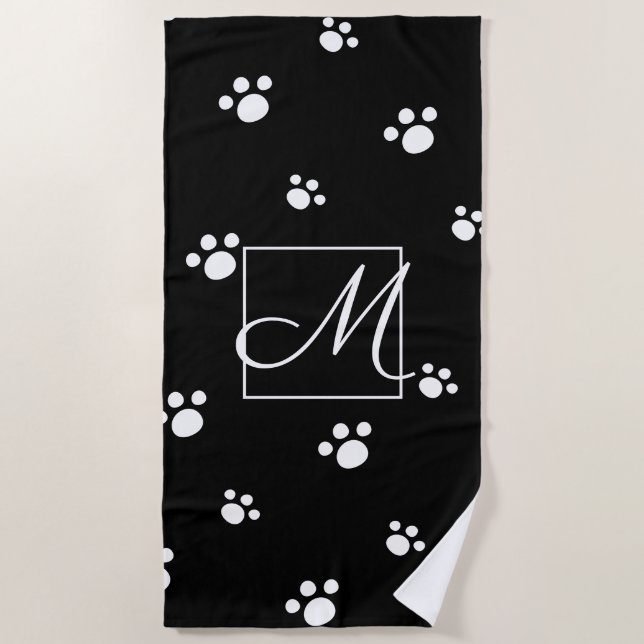 Black & White Cute Dog Paw Print Pattern Monogram Beach Towel (Front)