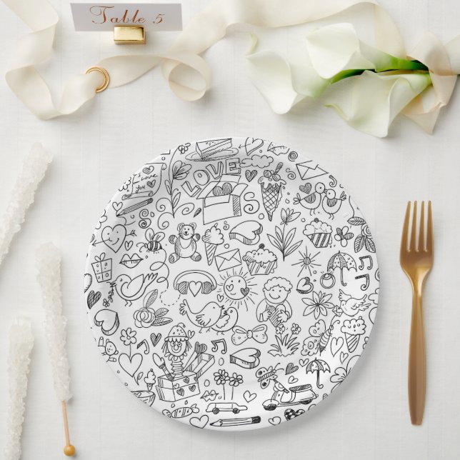 Black & White Cute Doodle Paper Plate (Wedding)