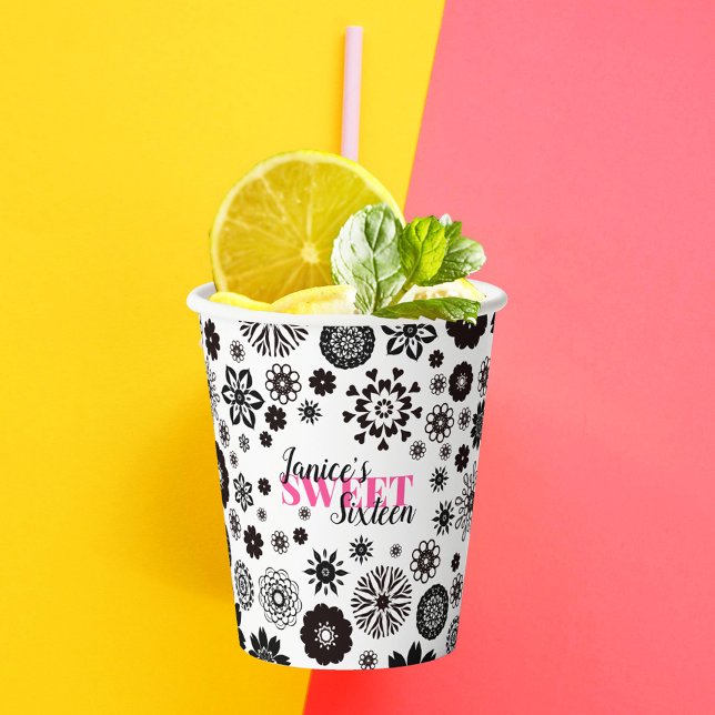 Black White Cute Floral Sweet 16 Personalised Name Paper Cups (Creator Uploaded)