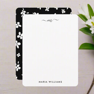 Black White Cute Flowers Monogram Typography Card