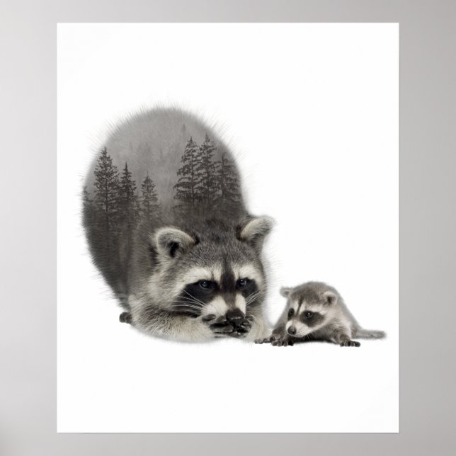 Black White Cute Racoon with Baby  Poster (Front)