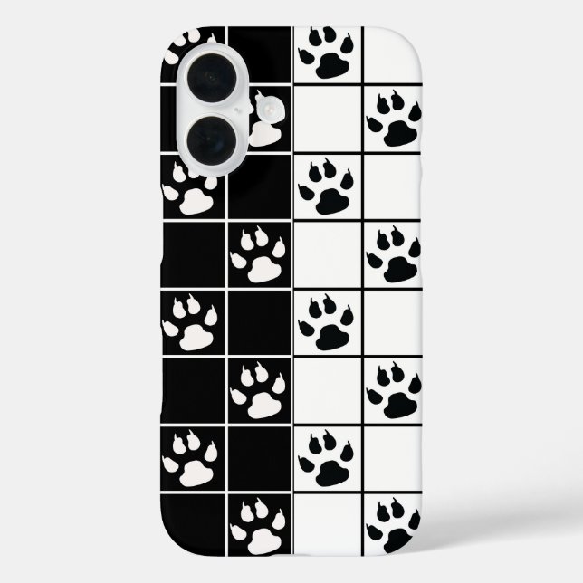 Black White Cute Windowpane Paw Plaid Case-Mate iPhone Case (Back)